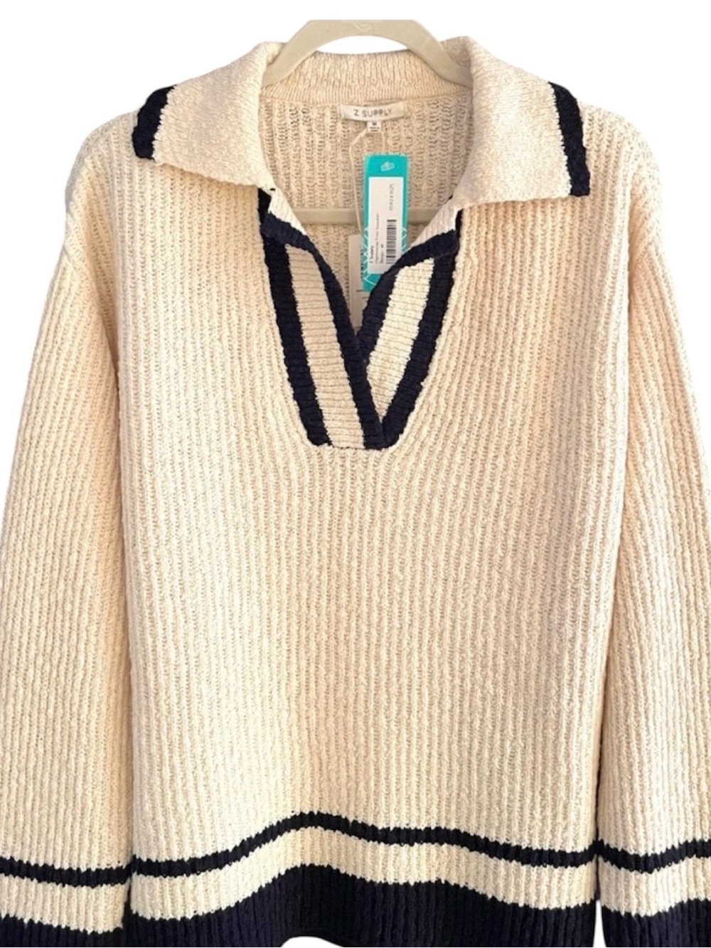 NEW Z Supply Hammond Polo Sweater M Cream Ribbed V-Neck Coastal Preppy Tennis